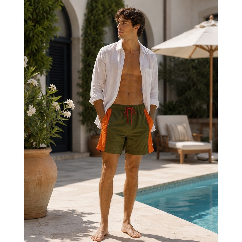 Moschino Mens Olive Green Orange Colorblock Swim Trunks Size‎ US 30 Made Italy